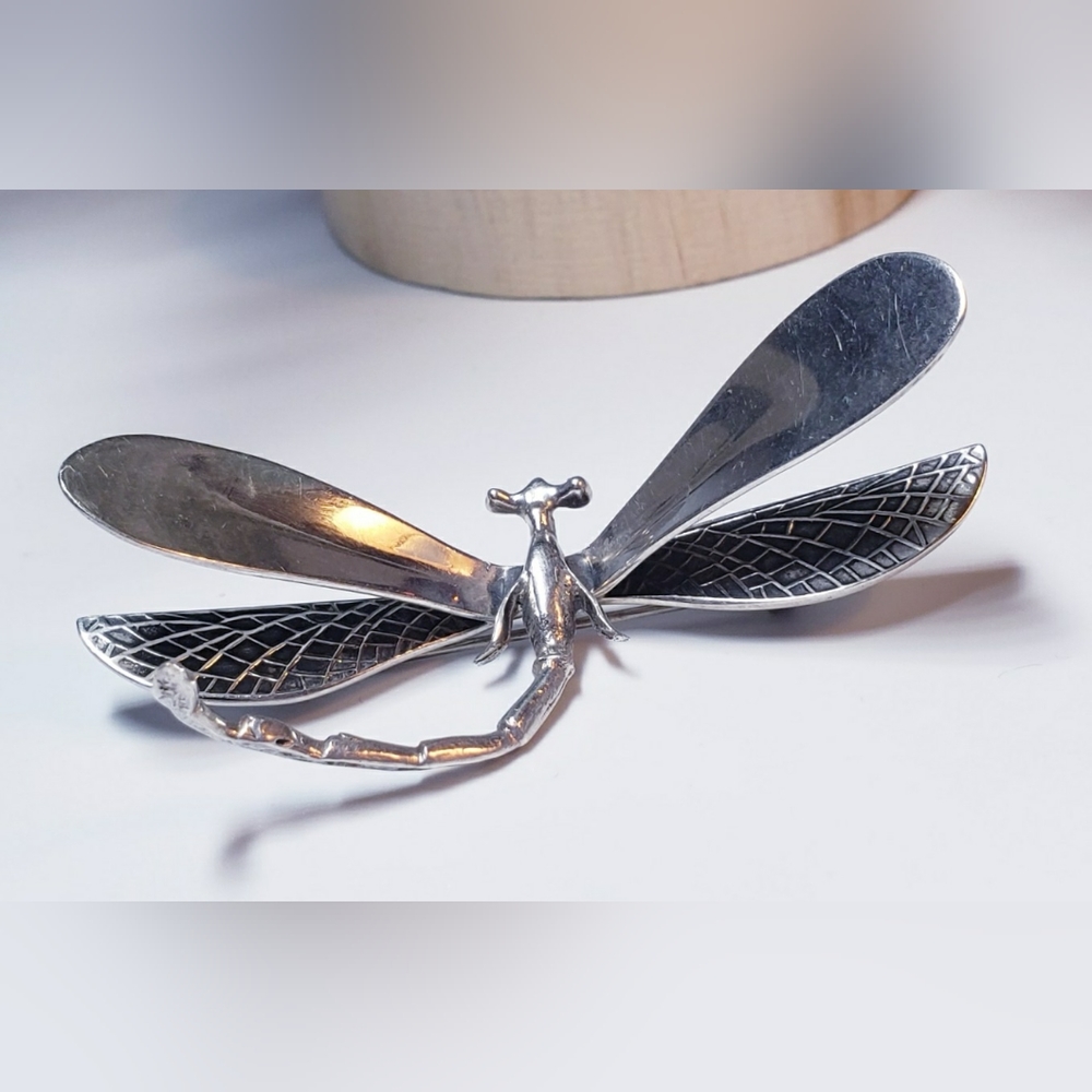 Vintage Sterling Silver 3D Large Elaborate Dragonfly Brooch Pin.